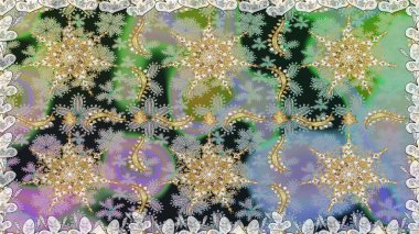 Kusursuz kraliyet lüksü, altın barok kumaş rengi. Altın antika ortaçağ dekoratifi, yapraklar ve tarafsız renklerde altın desenli süslemeleri olan pürüzsüz bir desen..