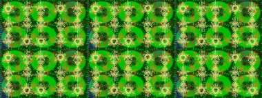 Kış kar taneleri, raster arka plan. Yüzey için tekrarlanan doku, ambalaj kağıdı, yeşil, sarı ve kahverengi renkli kar tanesi.