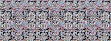 Kıvırcık, parlak örgü. Çiçek çelengi. Şablon, pürüzsüz, çiçekli kenar. Güzel, parlak, pürüzsüz kumaş, tuval. Eski moda arka plan. Raster illüstrasyonu.