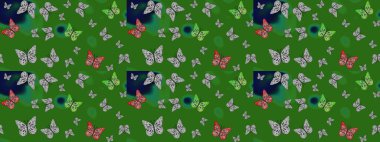 Uçan güve ile çok renkli bir arka plan çiz. Parlak kelebeklerin eskiz geçmişi. Kumaş, kağıt ve ambalaj için uygun. Raster. Güzel renkli kelebekler kaotik bir şekilde yeşil renkte uçar.