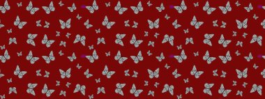 Kelebekli tasarım. Çizim, karalama, karalama. Robot resim. Sonsuz. Kırmızı arka planda kelebekler. Raster illüstrasyonu.