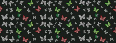 Raster illüstrasyonu. Gri kelebek deseni. Giysi tasarımı için dekor arka planı. Parmak izi dokuları için sevimli kelebek çizim deseni.