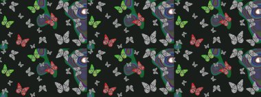 Erkekler, kızlar, elbiseler, duvar kağıtları için soyut çizim kalıbı. Fantezi sevimli illüstrasyon. Raster illüstrasyonu. Gri arka planda suluboya kelebeklerin.