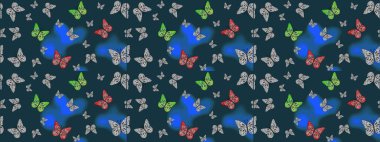 Mavi renklerin soyut arkaplanı. Dekoratif Raster çizimi. Renkli romantik kelebekler eskizler çiziyor. Elle çizilmiş kelebeklerle.