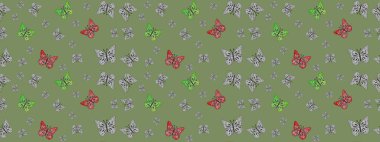 Tarafsız bir arkaplanda kelebek deseni. Raster illüstrasyonu. Kumaş, kağıt, ambalaj kağıdı ve duvar kağıdı tasarımı için sevimli bir arkaplan.