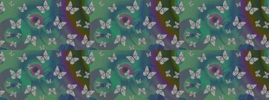 Raster illüstrasyonu. Rastgele yeşil kelebekler şirin desenler. Yeşil arka planda kelebek. Davetiye, kart ve parmak izi için basit kadınsı bir model. Çizim.