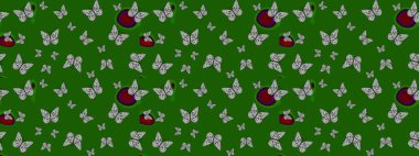 Yeşil arka planda renkli kelebekler. Paketleme, kağıt ve kumaş için uygun. Kelebekli renkli halk müziği çizimi..