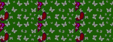 Kumaş, tekstil, baskı ve davetiye için arka plan. Yeşil renkli resimler. Suluboya soyut parlak desenli kelebek kanatları, retro renkler.