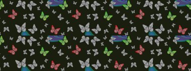 Raster illüstrasyonu. Tekstil, duvar kâğıtları, web sayfası arkaplanları ve yüzey dokuları için mükemmel. Gri renkli sevimli kelebek çizimi. Tropikal temada kelebek çiçek deseni.