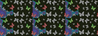 Moda sevimli kumaş tasarımı. Gri arka planda güzel renkli kelebeklerin Raster vintage el çizimi. Raster illüstrasyonu.