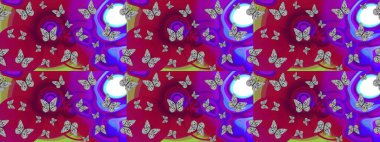 Davetiye, kart ve parmak izi için basit şirin bir model. Kelebeklerle dolu renkli bir halk eskizi çizimi. Mor arkaplanda renkli bir kelebek.