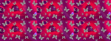 Çizim kalıbı. Mor sevimli arka planda kelebekler. Kağıt, kumaş ve ambalaj için uygun. Raster..