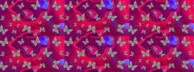 Tekstil baskısı için ekose kelebek. Mor renklerin çizimi. Raster illüstrasyonu. Karala, karala, karala. Çizim deseni.