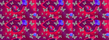 Tekstil baskısı için ekose kelebek. Mor renklerin çizimi. Raster illüstrasyonu. Karala, karala, karala. Çizim deseni.