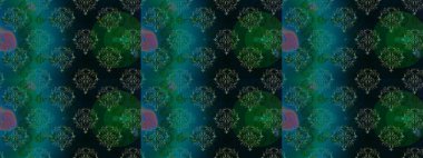 Mavi, yeşil ve siyah üzerine çiçekler. Kusursuz bir arka plan modeli. Suluboya, elle çizilmiş. Raster stoku.