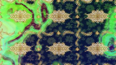Soyut bir arkaplan çiz. Oriental raster klasik yeşil ve altın desenli. Raster illüstrasyonu.