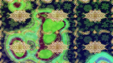 Altın elementlerle yeşil renklerde altın desen. Geleneksel klasik altın desen. Raster oryantal süs. Barok tarzında eskiz doğulu süsü..