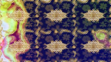 Altın desenli bukleler çiz. Parlak dantel, stilize çiçekler, şal desenli. Hassas altın deseni açın. Doğu tarzı arabesk. Mavi renkler ve altın elementler üzerine çizim. Raster..