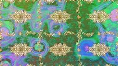 Klasik Raster altın desenini çiz. Altın elementlerle yeşil renklerde altın desen. Geleneksel oryantasyon süsü. Klasik vintage arkaplan.