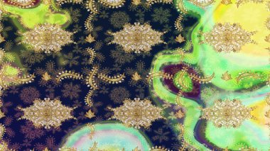 Yeşil renklerde altın yinelenen elementlerle soyut arkaplan. Eskiz oryantal klasik altın desen.