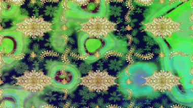 Lüks, kraliyet ve Viktorya dönemi konsepti. Yeşil yerine altın rengi barok çiçekli eskiz deseni. Süslü raster dekorasyonu. Yeşil renkte altın element.