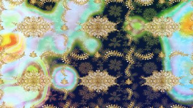 Kına dövmeli süs çiçekleri, altın çıkartmalar, mehndi ve yoga tasarımı, kartlar ve parmak izleri. Raster Golden Mehndi eskiz kalıbı. Tarafsız renklerde desen.