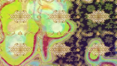 Damask çizimi tekrarlanıyor. Antika altın tekrarlanabilir duvar kağıdı. Tarafsız renklerde altın element. Barok tarzında altın çiçekli süs..