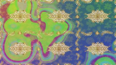 Klasik çiçek dokusu. Eskiz kalıbı altın elementler. Altın şablon. Yeşil renkte Royal retro. Raster illüstrasyonu. Kart, duvar kağıdı, ambalaj, tekstil için klasik tasarım.