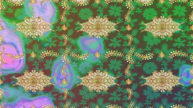 Eskiz kalıbı altın elementler. Yeşil renkte Royal retro. Altın şablon. Kart, duvar kağıdı, ambalaj ve tekstil için klasik tasarım. Raster illüstrasyonu. Çiçeksel klasik doku.