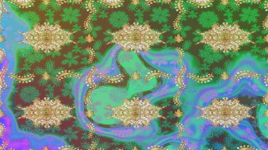 Eskiz kalıbı altın elementler. Yeşil renkte Royal retro. Kart, duvar kağıdı, ambalaj ve tekstil için klasik tasarım. Altın şablon. Klasik çiçek dokusu. Raster illüstrasyonu.