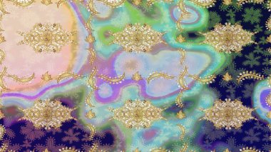 Altın desenli çiçek dekoru. Tarafsız renklerde altın element. Davetiyeler, kartlar, web sayfası için Raster illüstrasyon. Tasarım şablonu için çizgi çizimi sınırı. Doğu tarzı ögesi.