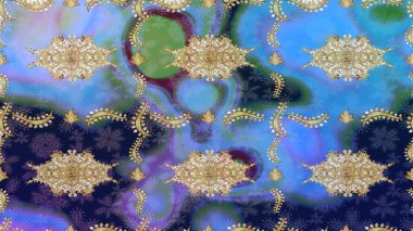 Raster illüstrasyonu. Klasik altın desenli eskiz. Tekrarlayan elementlerle soyut arkaplan oluşturun. Mavi renklerle altın elementler üzerine altın çizim deseni.