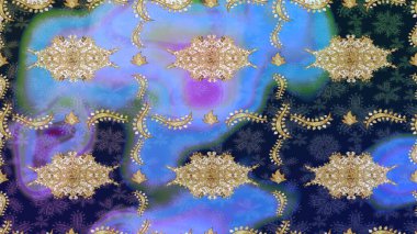 Doğulu stil, altın elementli mavi renkli altın desenli arabesk yapar. Raster altın desen. Kıvrımlı çizimler.