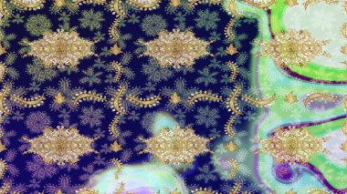 Altın elementlerle mavi renklerde altın desen. Düz elle çizilmiş klasik koleksiyon. Raster Golden eskiz kalıbı. Arkaplan, kumaş, altın duvar kağıdı.