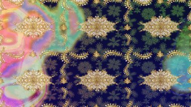 Klasik altın desenli eskiz. Tekrarlayan elementlerle soyut arkaplan oluşturun. Gri renkli ve altın elementli altın eskiz deseni. Raster illüstrasyonu.