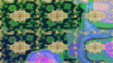 Klasik altın desenli çizim. Altın elementlerle mavi renklerde altın desen. Raster geleneksel oryantasyon süsü.