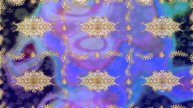 Geleneksel altın sarısı desenli menekşe rengi ve altın elementler. Barok tarzında eskiz doğulu süsü..