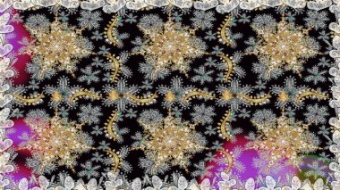 Raster illüstrasyonu. Gri renklerde, altın elementlerle kusursuz desen. Geleneksel oryantasyon süsü. Klasik klasik klasik arka plan. Kusursuz klasik raster altın desenli.