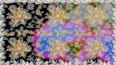 Arkaplan, kumaş, altın duvar kağıdı. Raster altın pürüzsüz desen. Gri renkli ve altın elementli altın desenli. Düz elle çizilmiş vintage koleksiyonu.