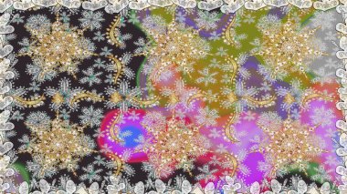 Raster altın çiçek süsü brokar kumaş ve cam desenli. Kusursuz altın desen. Altın elementli gri renkler. Çiçek desenli altın metal..