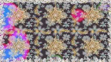 Şık bir grafik desen. Duvar kâğıdı barok, İspanyol kumaşı. Kusursuz raster arka plan. Çiçek deseni. Gri renklerdeki altın elementler.