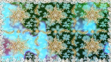 Tekrarlayan elementlerle soyut arkaplan oluşturun. Raster illüstrasyonu. Kusursuz damaske klasik altın desen. Mavi renklerdeki altın desenli altın elementler.