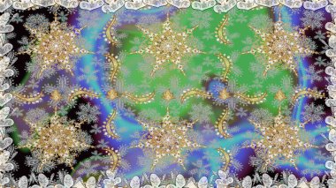 Altın antika ortaçağ dekoratifi, yapraklar ve gri renkli altın desenli süslemeleri olan pürüzsüz bir şablon. Kusursuz kraliyet lüksü, altın barok kumaş rengi..