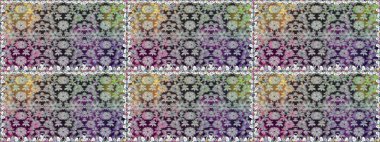 Kusursuz bir geçmişi var. Eski usul. Raster illüstrasyonu. Kumaş, tekstil, duvar kağıdı baskısı için. Renkli desenli kusursuz desen, gri çiçekler ve dekoratif elementler..