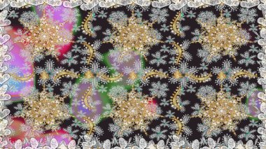 Altın antika ortaçağ dekoratifi, yapraklar ve gri renkli altın desenli süslemeleri olan pürüzsüz bir şablon. Kusursuz kraliyet lüksü, altın barok kumaş rengi..