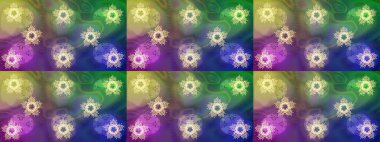 Kar tanelerinin soyut arkaplanlı Noel şablonu. Yeşil, nötr ve mor kar taneleri. Raster illüstrasyonu. Noel ve Yeni Yıl moda baskıları için tatil tasarımı.