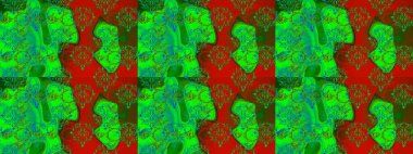 Yeşil, kırmızı ve kahverengi renkli çiçeklerle kusursuz çiçek deseni. Çiçekler suluboya tarzında yeşil, kırmızı ve kahverengi renklerde.