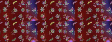 Kırmızı, kahverengi ve mor renkli şirin çiçek desenleri. Raster Modaya uygun kumaş deseni. Renkli Bahar Temalı Kusursuz Arkaplan. Düz Çiçek Elementleri Tasarımı.