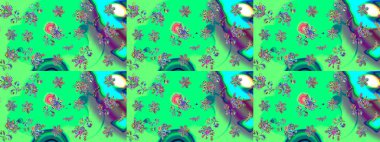 Eskiz arkaplan modeli. Raster - stok. Yapraklı çiçekler ve yeşil renkli papatya çiçekleri..