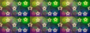 Kar taneleri radyal yeşil, mavi ve kahverengi renkler. Renkli arka planda güzel kar taneleri. Raster illüstrasyonu..